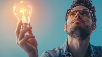 Aufkleber - Thoughtful man holding light bulb with glowing filament, symbolizing creativity, innovation, and inspiration, against bright blue background