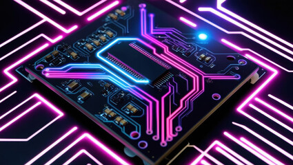 Poster - top view of integrated circuit with glowing circuit patterns, showcasing futuristic design in neon t