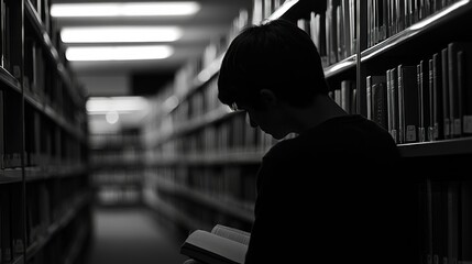Poster - Silhouette of a Person Reading in a Library Aisle