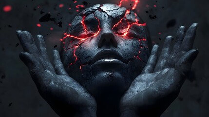 Poster - Ethereal Figure with Cracked Skin and Glowing Red Eyes, Surrounded by Dark Elements, Portraying a Dramatic and Mystical Atmosphere in a Surreal Artwork