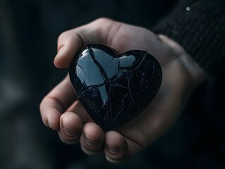 Aufkleber - A Person's Hand Holding a Shattered Black Heart Symbolizing Emotional Turmoil and Heartbreak in a Dark and Mysterious Environment
