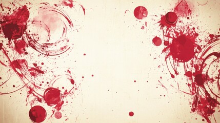 Poster - Abstract red splashes and swirls on a textured beige background create a vibrant artistic scene.
