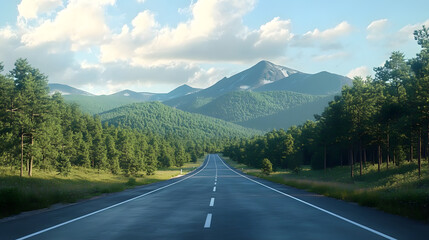 Wall Mural - Asphalt highway road and green forest with mountain natural landscape under blue sky : Generative AI