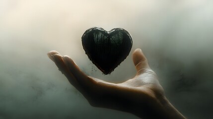 Poster - A Hand Holding a Dark Heart Shape Object Surrounded by Mist, Symbolizing Love, Mystery, and Emotional Depth in a Majestic and Thought-Provoking Setting