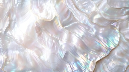 Poster - A close-up view of iridescent mother of pearl, showcasing its fluid waves and shimmering colors against a soft background.