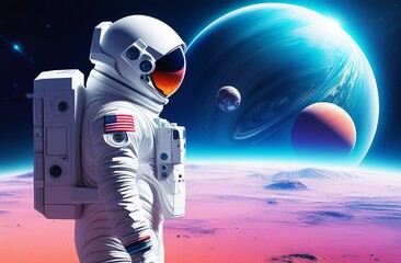an astronaut in outer space looks at the planets. an astronaut in a spacesuit. futuristic pink lands