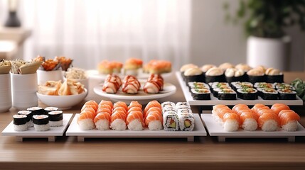 Wall Mural - Assorted sushi and appetizers on a table.