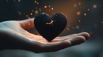 Poster - Black Heart with Cracks and Sparkles in a Gentle Hand, Symbolizing Love, Vulnerability, and Emotional Connection in a Dreamy Background