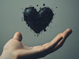 Poster - Hand Holding a Floating Heart Made of Dark Particles Symbolizing Love, Emotion, and Fragility Against a Soft Gray Background