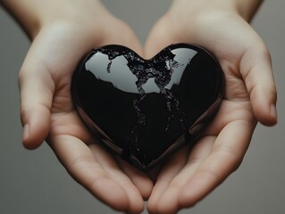 Poster - Black Heart Sculpture Embraced in Hands Symbolizing Love, Emotion, and Compassion with Dark Reflective Surface Capturing Depth and Introspection in a Minimalistic Setting