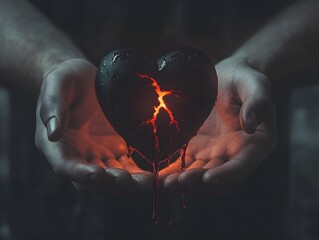 Poster - Intriguing Visual of a Black Heart with Lava Erupting from a Crack Held in Hands Against a Dark Background, Symbolizing Emotional Turmoil and Pain