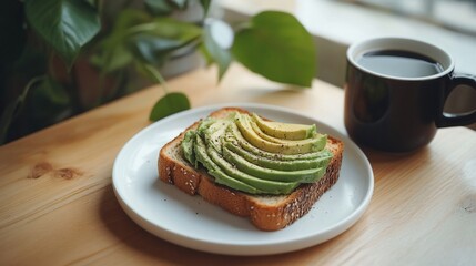 Wall Mural - Avocado toast and coffee on wooden table.