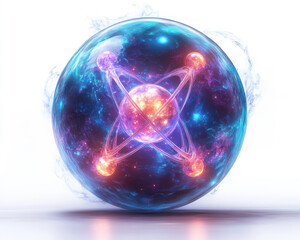 Poster - Futuristic Glowing Atom Sphere with Vibrant Colors Inside Transparent Orb on White Background