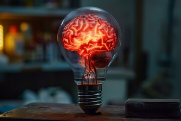 Poster - Light bulb containing a glowing brain represents the power of ideas, innovation, and creativity