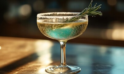 Wall Mural - A glass of champagne with a sprig of rosemary on top