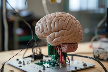 Poster - plastic brain model connected to a circuit board in a laboratory setting, symbolizing artificial int