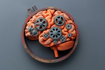 Poster - Conceptual image of a brain with interlocking gears, representing the complex thinking process and cognitive functions
