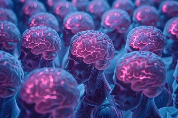 Poster - Many anatomical models with illuminated brains are forming a crowd, showing brain activity