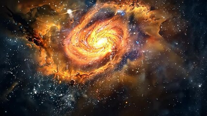 Wall Mural - spiral galaxy with a bright orange center. the galaxy is surrounded by a dark background with a few 