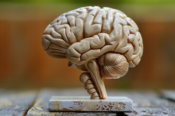 Poster - Realistic anatomical model of human brain resting on small plinth, perfect for educational or scientific purposes