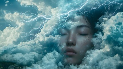 Wall Mural - A double exposure image of a woman’s face with her eyes closed, merging with the image of a stormy sky filled with lightning, illustrating her inner power and unshakeable strength. The contrast 