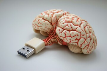 Poster - Human brain connected to a usb flash drive transferring or receiving data representing knowledge, memories, or consciousness