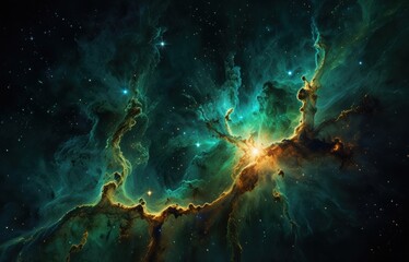 background with space nebula in black and green tones. emerald universe, endless space