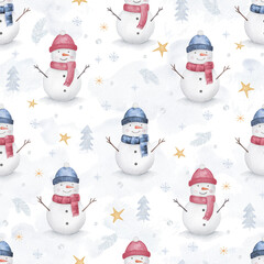 Christmas background with hand drawn watercolor illustrations.