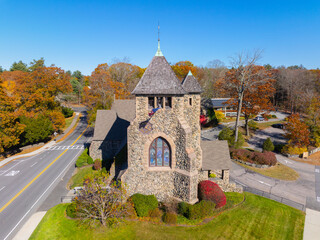 Wall Mural - First Parish Church aerial view in fall with foliage at 349 Boston Post Road in historic town center of Weston, Massachusetts MA, USA. 