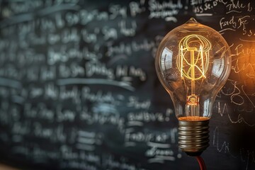 Poster - Vintage light bulb glowing in front of a blackboard with formulas and ideas, symbolizing innovation and creativity