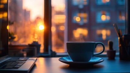 Poster - A Cup of Coffee on a Desk by a Window at Sunset