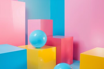 Poster - Abstract 3d scene with colorful geometric shapes creating a minimalist and modern composition, ideal for product presentations or artistic concepts