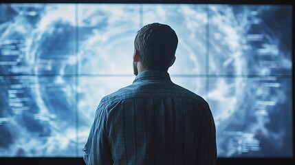 Poster - A person observing a large digital display with abstract visuals, possibly related to data or technology.