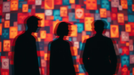 Mosaic of faces and silhouettes made in bright colors and shapes, blurred image