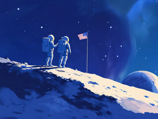Wall Mural - astronauts on the moon under a starry night sky