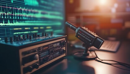 Poster - A microphone and audio equipment setup for recording or broadcasting.