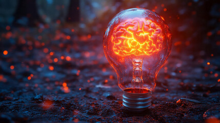 Poster - A lightbulb with a brain-like structure glowing inside, symbolizing artificial intelligence, innovation, and creative thinking