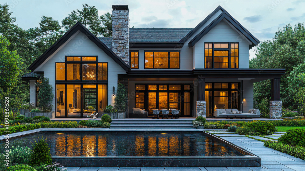 Modern farmhouse with large glass windows and a reflecting pool, set in ...