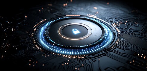 Poster - Cyber security. A digital padlock icon, signifying network and data protection technology on a virtual dashboard, secures online internet access from cyber attacks.