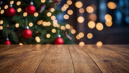 Wall Mural - rustic brown wood board mockup surface with gold bokeh lights and red ball ornaments on christmas tr