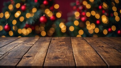 Wall Mural - rustic brown wood board mockup surface with gold bokeh lights and red ornaments christmas tree backg