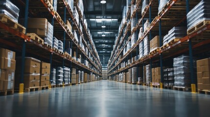 Poster - Rows of Pallets and Boxes in a Large Warehouse