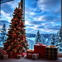 Wall Mural - christmas tree and gift boxes near the window christmas tree holiday winter festive celebration