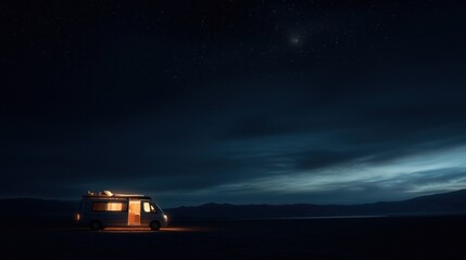 Wall Mural - A van is parked on a deserted road at night