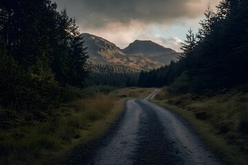 Wall Mural - Winding gravel road through verdant hills and dramatic clouds