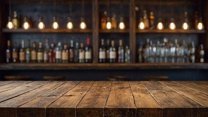 Wall Mural - Rustic wood board bar top mockup surface with vintage style light bulbs and wine and liquor bottles display on back wall background