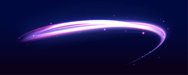 Poster - Lines in the shape of a comet against a dark background. Vortex streams of neon light. Abstract vector fire circles, sparkling swirls and energy light spiral frames. 