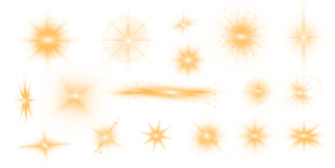 Aufkleber - A set of various yellow flashes of light, as well as stars, bright dust and rays of light. Swirling glow dynamic neon circles. Rotating shining rings.	