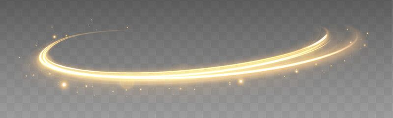 Leinwandbilder - Golden glowing shiny spiral speed lines yellow light effect. Curved yellow line light. Vector transparent sunlight special lens flare light effect. 