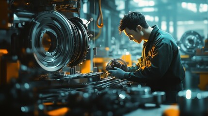 Poster - A worker in a blue jumpsuit inspects a mechanical part on a factory line